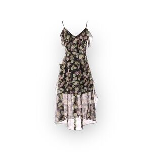 new Maison Talulah ஐ Flounce Ruffled Midi Dress ஐ Black Floral Print Chiffon ஐ S